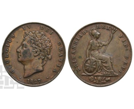 1820-1830. London mint. Dated 1827. GEORGIUS IV DEI GRATIA, laureate head to left; date below / BRITANNIAR : REX FID : DEF :,