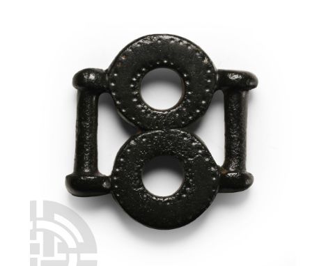 1st century B.C.-1st century A.D. Two-hoops type with lateral attachment bars, pointillé detailing. Cf. Hammond, B., Benet's 