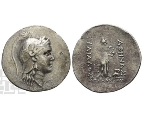 Circa 185-50 BC. ΑΠΗΜΑΝΤΟΣ (Apemantos), president of the agonothetai. Head of Athena to right, wearing laureate and triple-cr