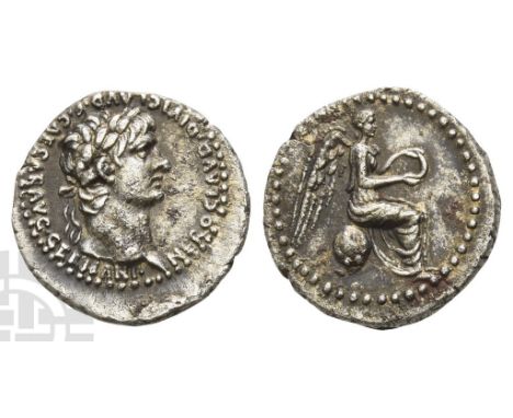 AD 54-68. Struck AD 59-60. NERO CLAVD • DIVI CLAVD • F • CAESAR AVG • GERMANI •, laureate head to right / Nike seated to righ