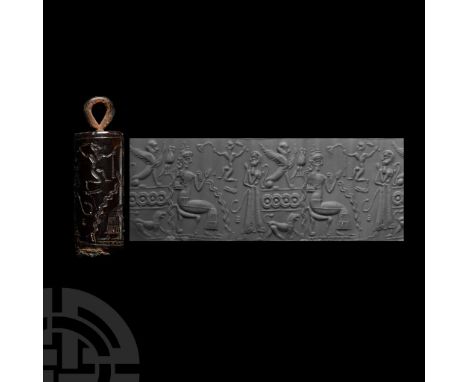 2nd-1st millennium B.C.&nbsp;With court scene: female figure with looped headdress seated on a four-legged chair with her rai