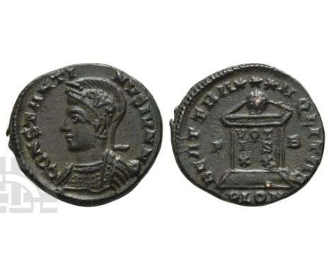 AD 316-337. London mint; struck circa AD 322-324. 1st officina. CONSTANTINVS IVN N C, helmeted and cuirassed bust to left / B
