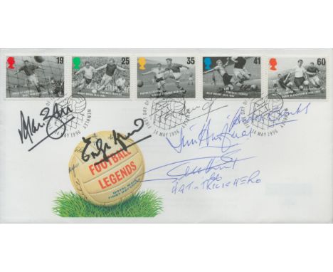 Football Legends multi signed Royal Mail FDC signatures include Geoff Hurst, Jimmy Armfield, Gordon Banks, Alan Ball and one 