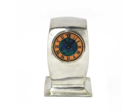 A Liberty pewter and enamelled mantel clock,of square form, with a copper and enamelled dial with Roman numerals, stamped '07