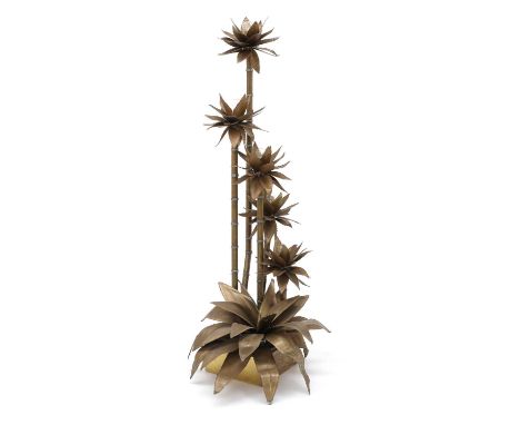 A cut brass standard lamp,French, possibly by Maison Jansen, with five lights on faux bamboo, flower and leaf mounts, on a sq