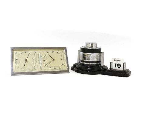 An Art Deco chrome Unigraph Dex weather station,1930s, mounted with a barrel-form tower, with two dials, and a sliding dial b