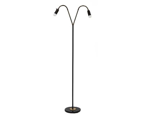 A brass and lacquered standard lamp,1950s, with two swan-neck lights, with separate switches, no shades,151cm highCondition r