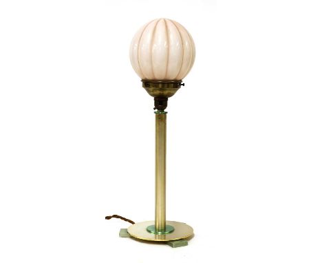 An Art Deco table lamp,with a pink glass globe shade, raised on a silvered column, with turquoise coloured mounts, 49.5cm hig