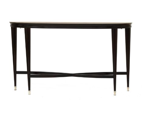 A contemporary stained beech console table,of demilune form, with a reeded bottom edge, raised on four tapering legs, each wi