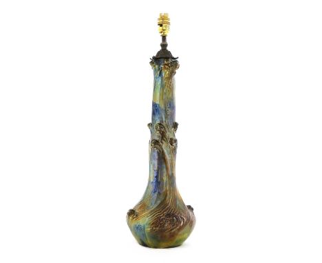 A Zsolnay Pécs Art Nouveau iridescent vase,with an elongated neck and a squat body decorated with scrolling waves, converted 