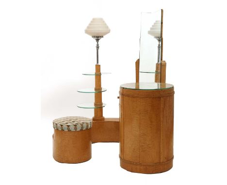 An Art Deco maple dressing table,by Bath Cabinet-Makers Company, centred with a mirror, with an integral stool and light, the