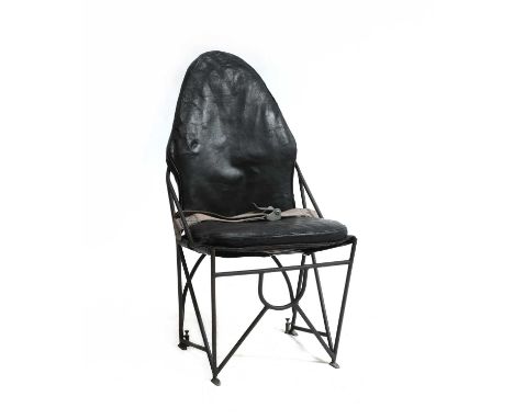 An Avro Anson aircraft seat,with a black leather seat, safety belt, with a back pocket, stamped 'Avro',47cm wide50cm deep92cm