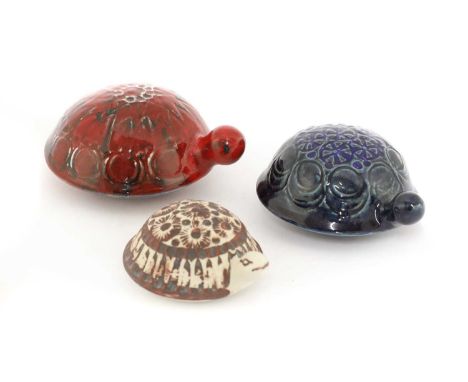 Three Gustavsberg glazed pottery turtles, designed by Lisa Larson, two with glazed and stamped marks, with labels, 7.5 to 11.