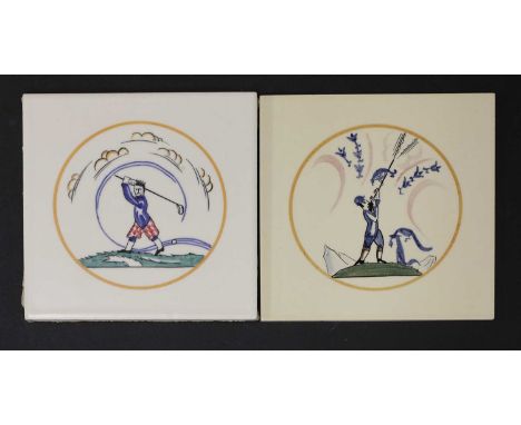 Two Carter's Poole Pottery 'Sporting' tiles,'Shooting' and 'Golf', designed by Edward Bawden RA (1903-1989), decorated in col
