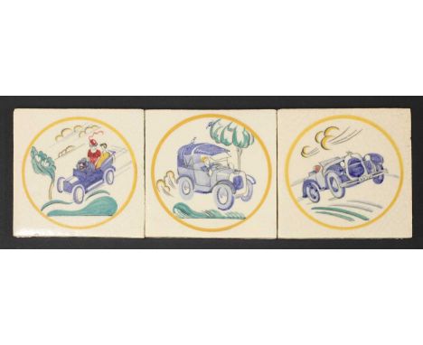 Three Carter's Poole Pottery 'Sporting' tiles,'Driving', designed by Edward Bawden RA (1903-1989), decorated in colours on a 