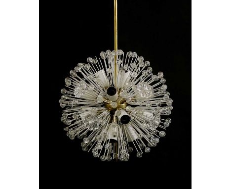 An Austrian Rupert Nikoll 'Dandelion' or Sputnik chandelier, designed c.1953 by Emil Stejnar, with a spherical brass stem, wi