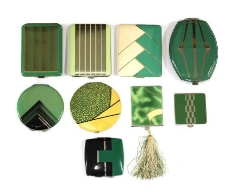 Nine Art Deco design green enamelled and coloured compacts, of various sizes,largest 10.5 x 7.5cm (9)Provenance: The Lawrie G