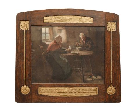 A Scottish Arts and Crafts oak and gesso frame,of arched form centred with a landscape panel, the side flanked with stylised 