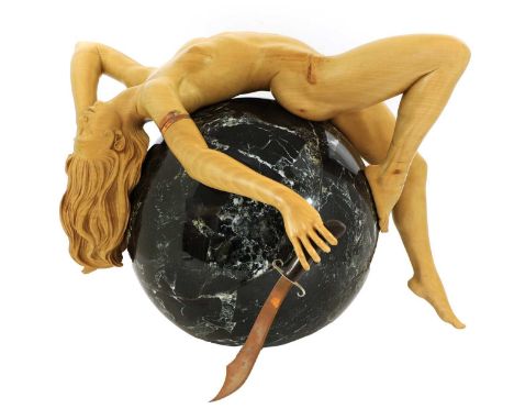 *Ian Norbury (b.1948),'Venus - The Goddess of Love', the nude figure reclining on a marble sphere holding a scimitar, carved 