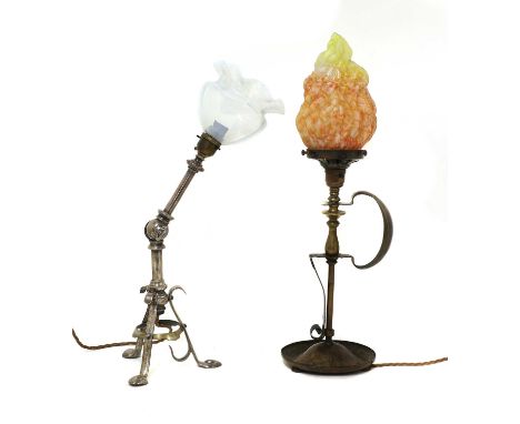 An Arts and Crafts silver-plated table lamp,with an adjustable column, raised on a triform stand, fitted with an opaline shad