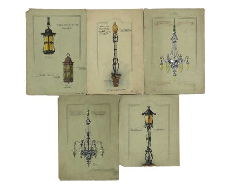 A set of five Arts and Crafts lighting designs,by various artists, depicting hanging lights, standard lights and chandeliers,