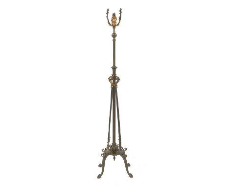 An Arts and Crafts brass and copper telescopic standard lamp,c.1900, in the manner of W A S Benson, wired for electricity, 20
