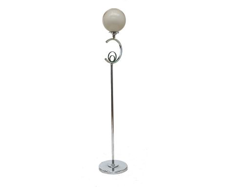 An Art Deco chrome standard lamp,  with a globe shade, the shade raised on a chromed crescent with a green-lacquered double h