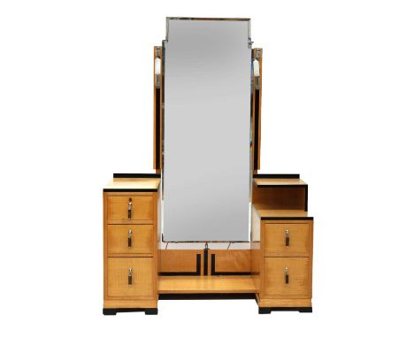 An Art Deco maple and ebonised dressing table,with a stepped central mirror with light fittings either side, flanked with two