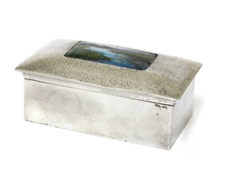 A Liberty Tudric pewter and enamel jewellery box,centred with an enamel plaque by Fleetwood Varley (1863-1942) depicting a ri