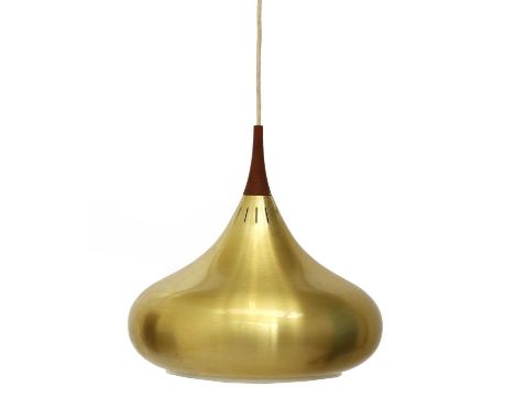 An 'Orient Major' pendant light,designed by Johannes Hammerborg for Fog &amp; Mørup, with a metallic finish, a teak mount and