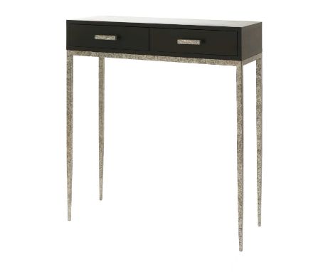 A contemporary stained oak console table,with a rectangular top over two parallel drawers, each with a moulded aluminium hand