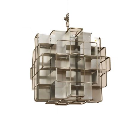 A modern aluminium cube-form pendant light,in the manner of Max Sauze, 37cm squareCondition report: The ceiling rose is curre
