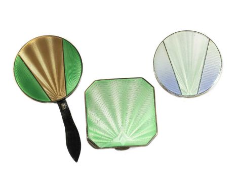A silver and green enamelled ladies' compact, Birmingham, 1938, of square form with canted corners,7cm long, andtwo further n