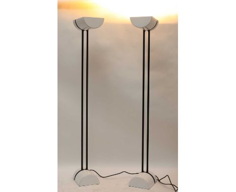 A pair of Thorn EMI uplighters,1980s, with white metal semicircular shades and plinths, on powder-coated metal supports, 24cm