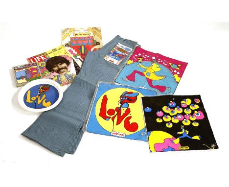A collection of Peter Max (b.1937) designed items:an ashtray,Iroquois, Syracuse, 26cm,three blow-up cushions,a pair of Wrangl