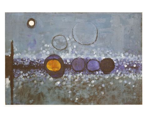 Pablo Rossini (20th century),BLUE ABSTRACT CIRCULAR FORMSOil on board, signed top right and dated 196481.5 x 121.5cm
