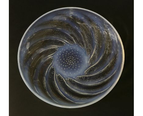 A Lalique 'Poissions' opalescent glass dish,stencilled mark 'R Lalique France',29cm diameter