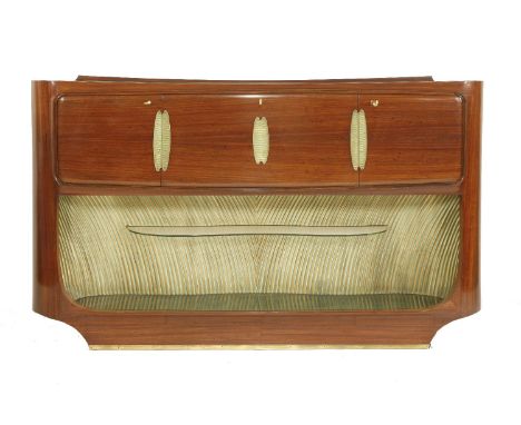 A Dassi rosewood sideboard,with a glass top, over a central hinged, mirrored drinks cabinet, flanked with further cupboards, 