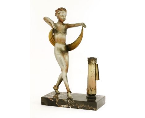 A spelter and cold painted table lighter,after Lorenzl, modelled as a dancer beside a column, lacking a striker, on a mantel 