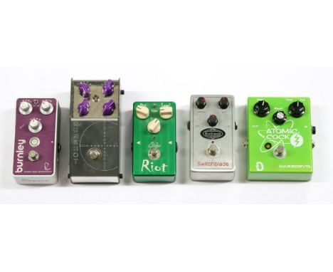 A group of five guitar effects pedals, comprising:a Suhr 'Riot',a Rothwell 'Switchblade',a Daredevil 'Atomic Cock',a Thorpy '