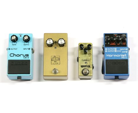 A group of four guitar effects pedals,comprising:a Lovepedal 'Les Luis',a Boss 'Harmonist PS-6',a Boss 'Chorus CE-2', anda Wa