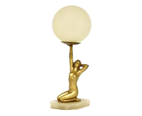 An Art Deco spelter table lamp,modelled as a nude holding a globe light, raised on an onyx plinth,14cm diameter37cm high