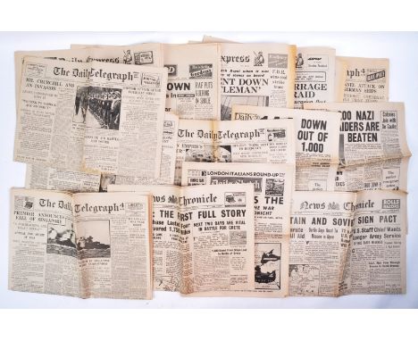 A collection of original WWII Second World War interest British newspapers. Various headlines to include; Nazis Invade, Hitle