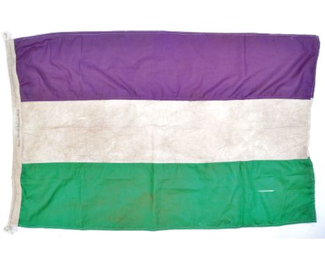 Suffragette Interest - a large WSPU tri-colour green, white and purple linen flag. The seam marked 'Women's Social &amp; Poli