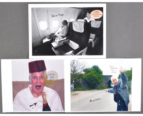 The Great Train Robbery - Ronnie Biggs (1929-2013) - a collection of x3 A4 autographed humorous photographs of Biggs, each wi