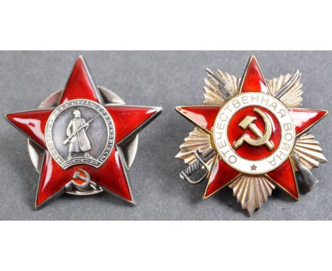 Two original WWII Second World War USSR Russian Soviet Union battle order medals. Medals to include Order Of The Patriotic Wa