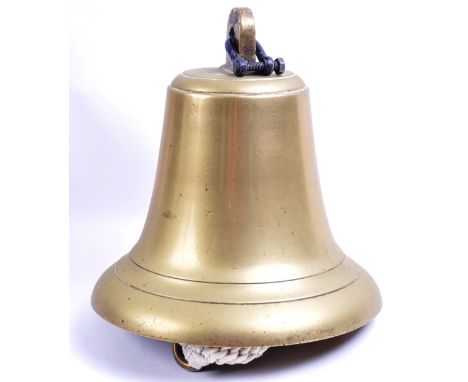 A large vintage early 20th century heavy brass construction Ship's masthead type signal bell. Complete with clapper and shape