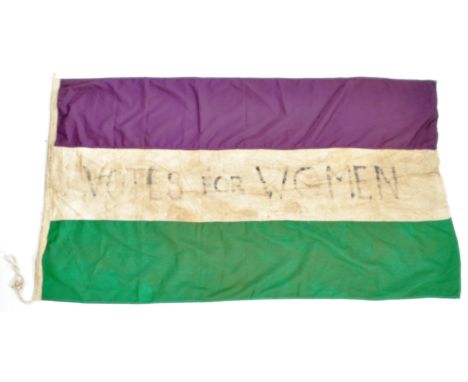 Suffragette Interest - a large WSPU tri-colour green, white and purple linen flag. The seam marked 'Women's Social &amp; Poli