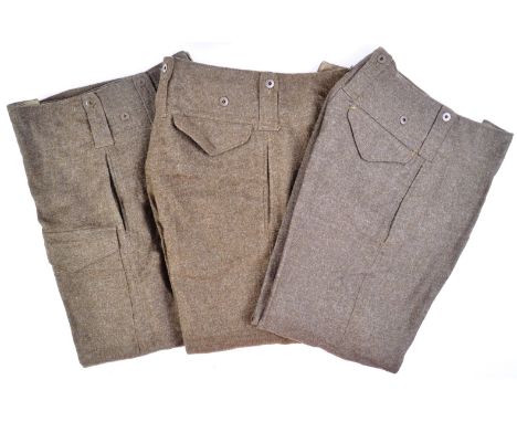 A collection of x3 WWII Second World War interest British Army uniform trousers. One pair illegibly dated (possibly 1939) siz