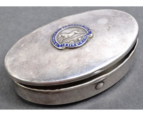 A rare WWI First World War interest silver plate tobacco / snuff box, with enamel badge to top ' In Honour Of Bradford Pals -